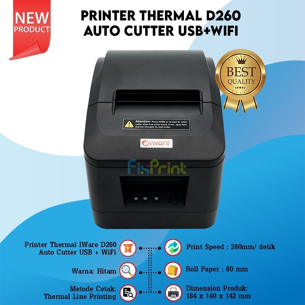 Printer Thermal D260 Roll Paper ukuran 80mm IWare Printer Mini Kasir Cetak Label Resi USB Bluetooth 