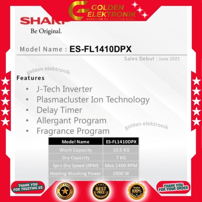 Mesin Cuci Front Loading Sharp 10 Kg ES-FL1410DPX FL1410DPX FL 1410DPX