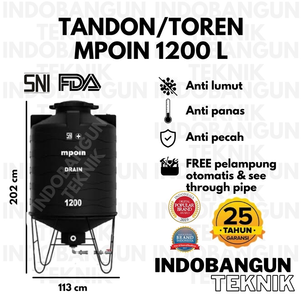 Toren Air Tangki Air Tandon Air Mpoin 1200 Liter Drain Dengan Kaki Bebas Kuras Bergaransi Anti Lumut
