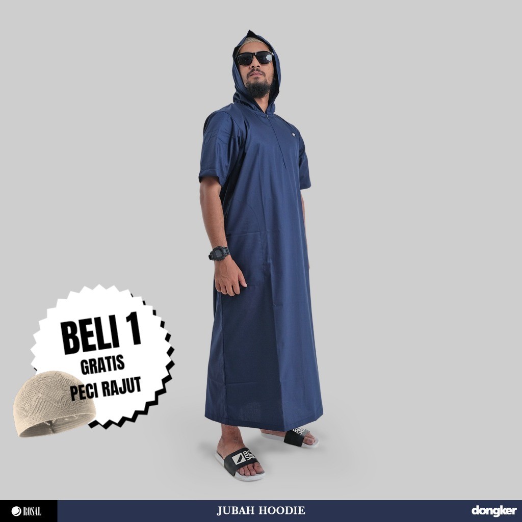 Rosal Jubah Hoodie Kupluk Lengan Pendek Warna Hitam Putih Dongker Hijau Daun Maroon Bahan Material T