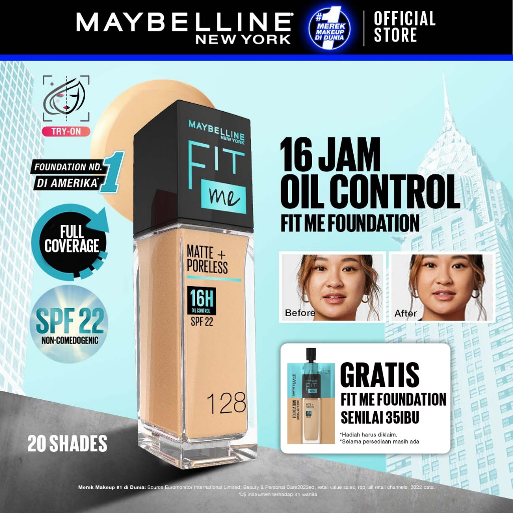 MAYBELLINE  Fit Me Matte + Poreless Liquid Foundation Make Up 30ml SPF 22 Makeup Ringan High Cover 1