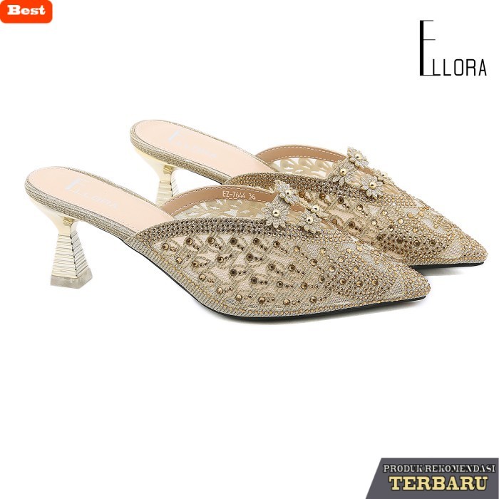 sandal wanita trend sekarang ELLORA EZ-7644 Sandal Heels Wanita Pesta Mules Import - gold, 39