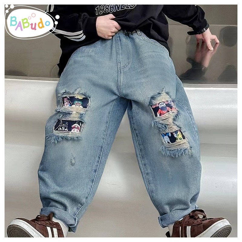 CG67YJ Celana Jeans Anak laki laki 2-9 Tahun | Panjang Jeans robek yang modis Fashion Populer | Baha