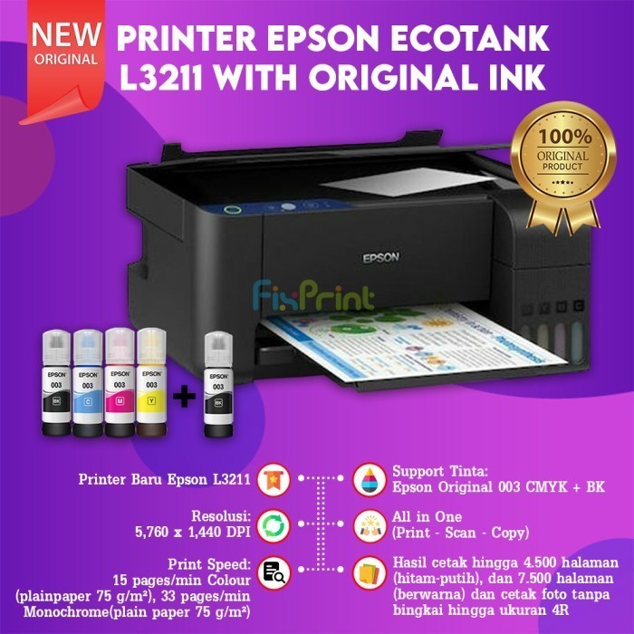 Printer Epson EcoTank L3211 A4/F4 Print Scan Copy Garansi Resmi Epson