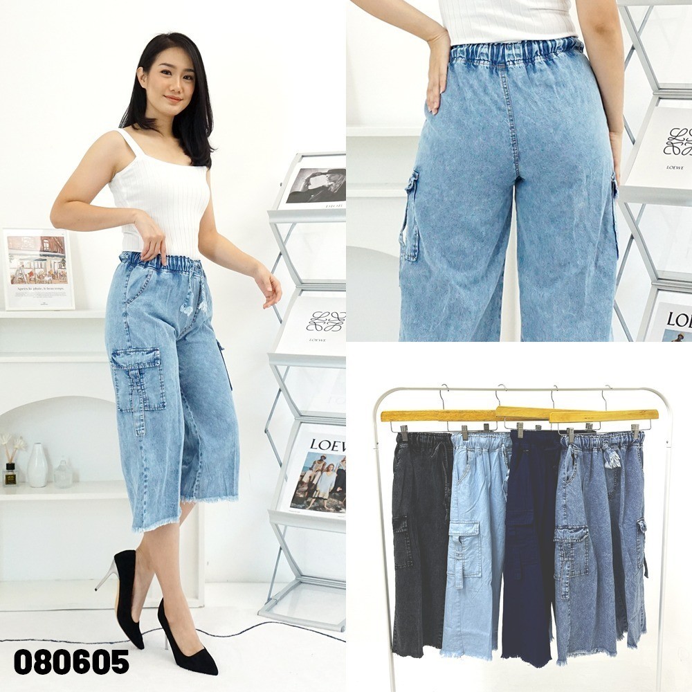 4 warna [Bisa COD] Celana Pendek Kulot Cargo Kantong Samping 7/8 Pinggang Karet Jeans Wanita Non Str