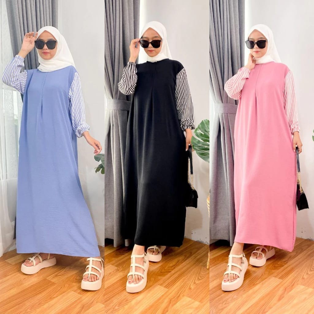 MIDI DRESS LISHA GAMIS CRINKLE KOMBINASI SALUR RAYON PREMIUM BUSUI
