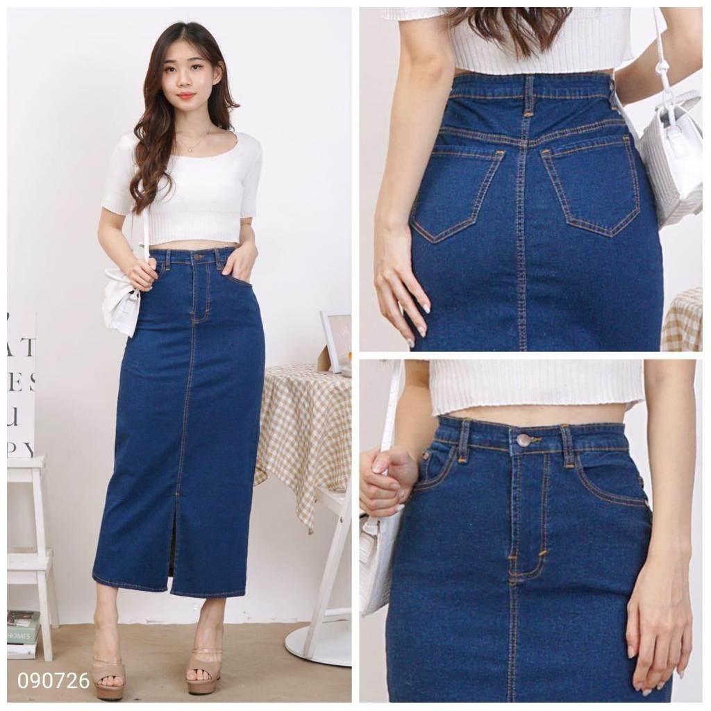 28-33 [3 Warna] Rok Jeans Span 7/9 Belah Depan Stretch Melar Modis Trendy Fashionable Wanita Cewek B