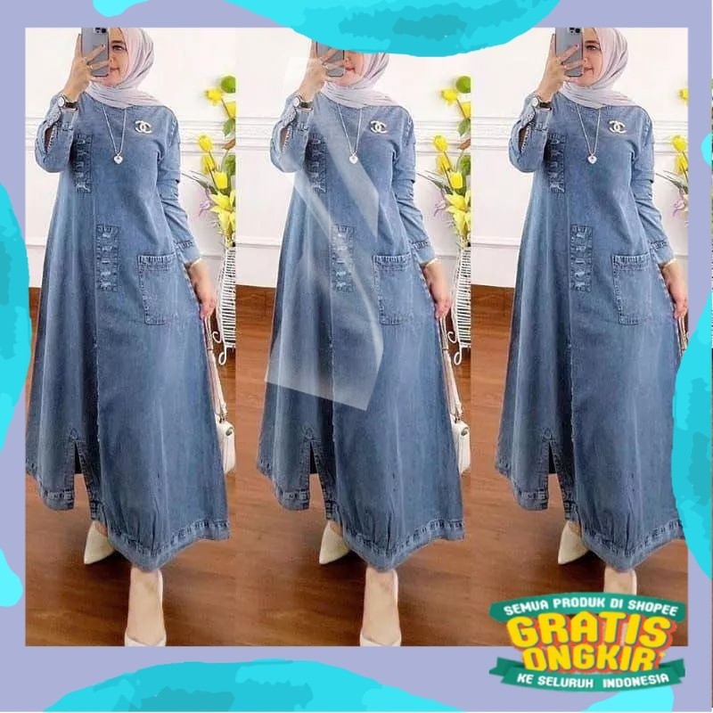 Kinan Midi Dress Jeans/Gamis Jeans Wanita Jumbo Ld 110 Pb120 Terbaru/Dress Denim Wanita Kekinian/pin