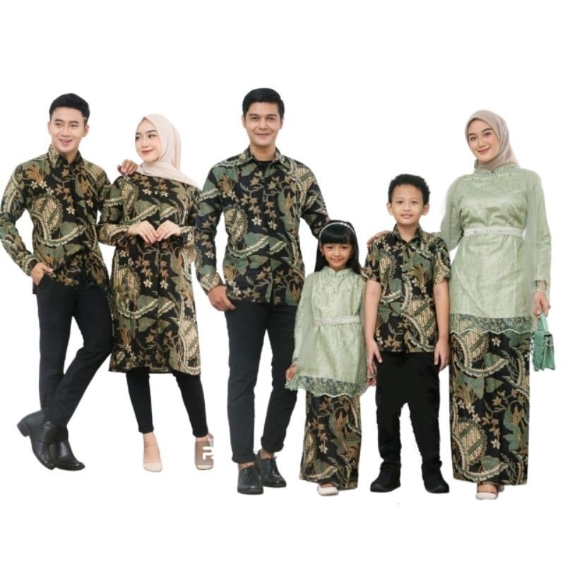 Baju Couple Kebaya batik Keluarga warna hijau sage Set Pakaian Sarimbit Brokat Seragam Big Size Jumbo Ibu bapak anak cowok cewek Moder nuntuk pesta kondangan lebaran 2023 Terbaru