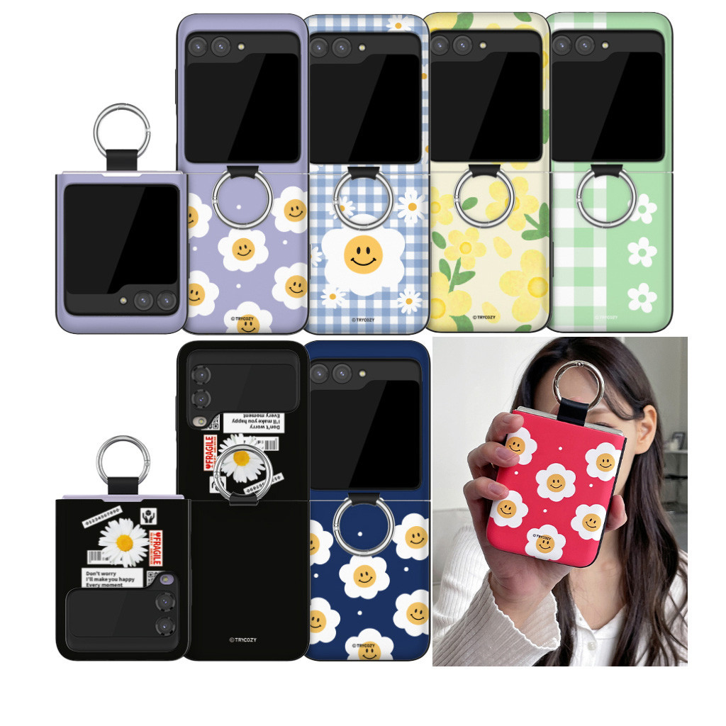 Korea GALAXY{Z Flip5/Z Flip4/Z Flip3 }Phone Case Card Door Bumper Hand Ring FLOWER