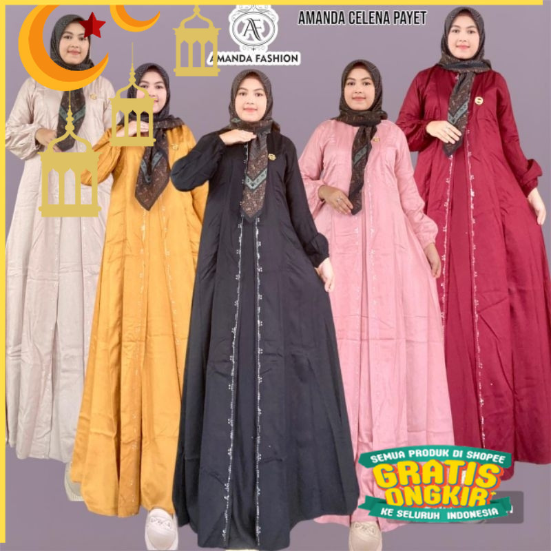 Gamis Amanda Celena Payet (Free pouch, goodie bag)/Maron merah bata red anak tanggng
