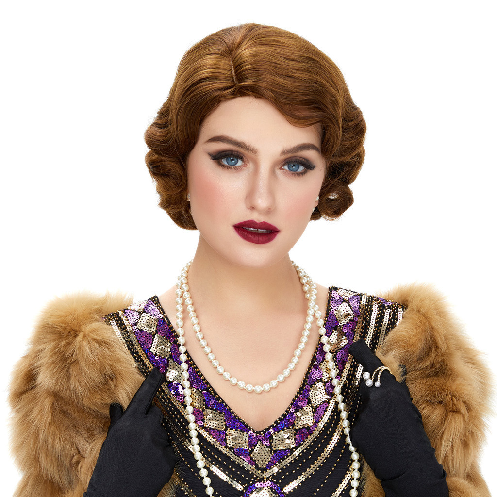 STfantasy Wig Cosplay 1920S Wig Gelombang Jari Sintetis Warna Coklat Pendek untuk Wanita