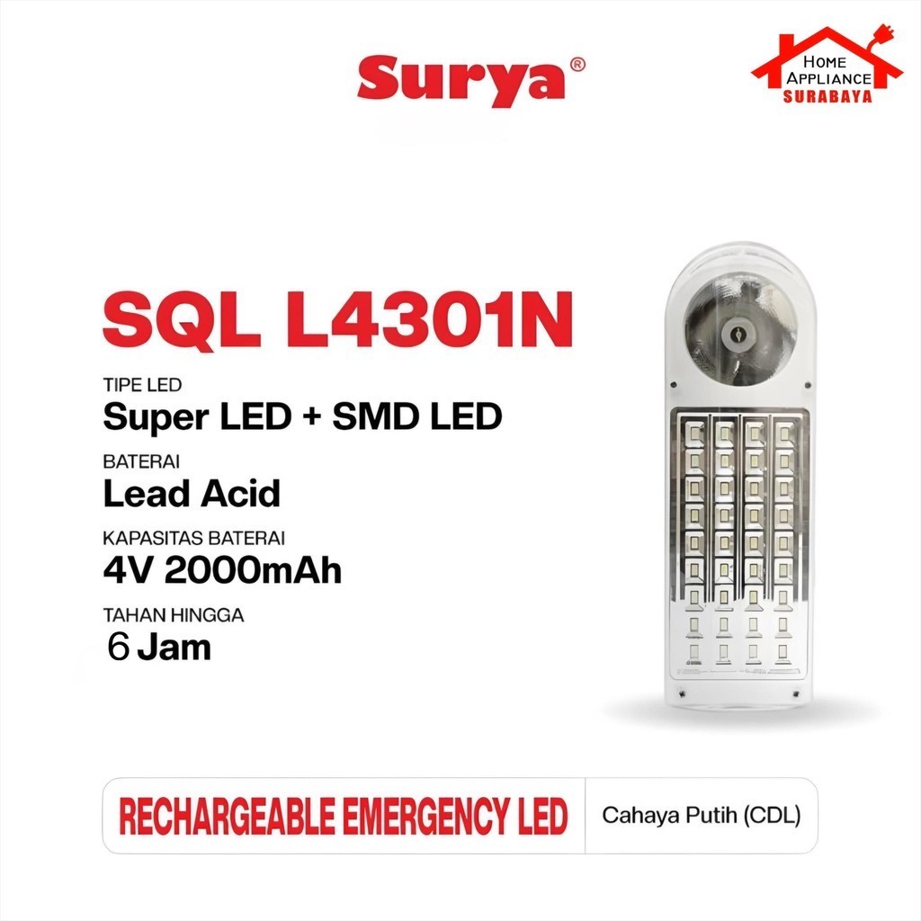 SURYA Senter Super LED 0.5W + Lampu Emergency 36 SMD LED SQL L4301N / L 4301 N 4V 2000mAh Tahan 6 Ja