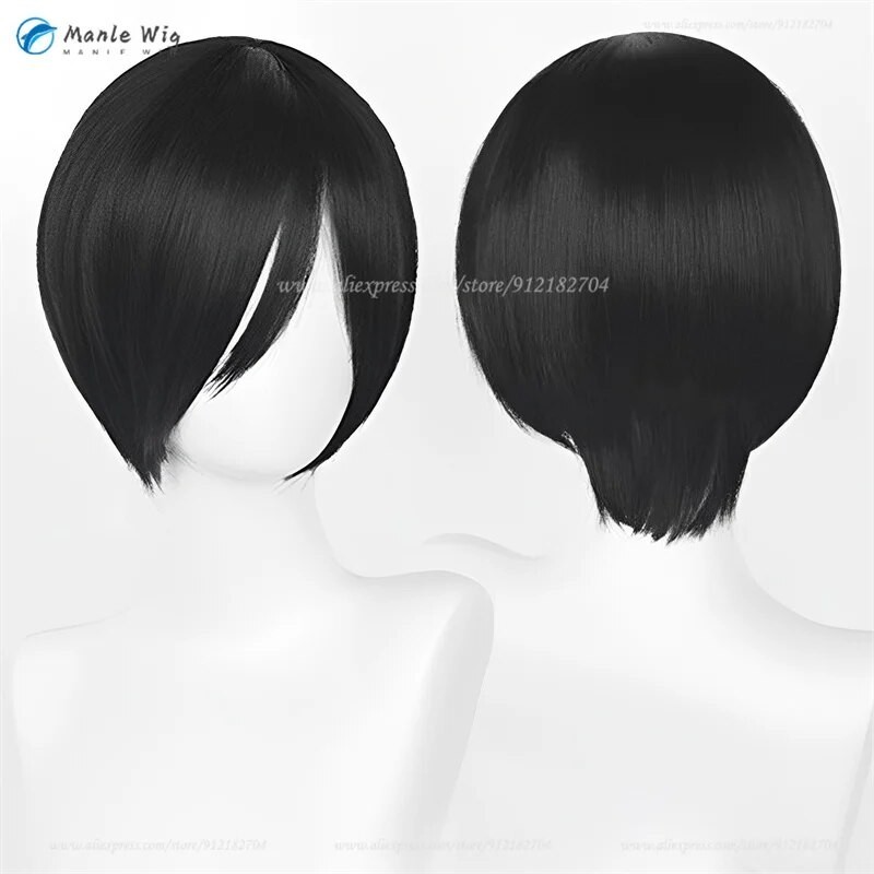Anime Ada Wong Wig Cosplay wanita 32cm hitam pendek Ada Wong Wig Cosplay tahan panas Wig sintetis pe