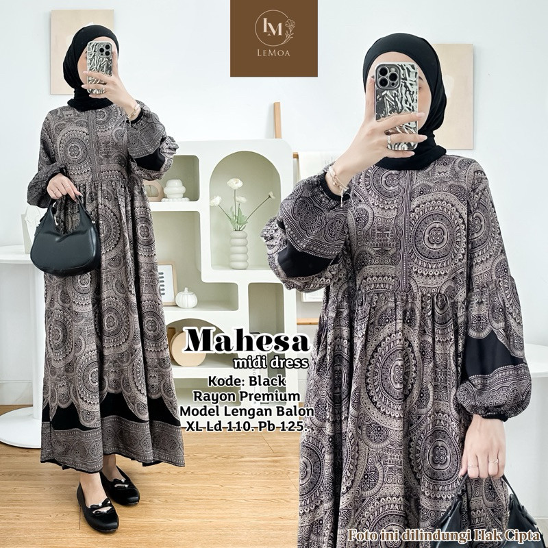 GAMIS WANITA UNTUK LEBARAN- Mahesa Midi Dress Motif Bunga Lengan Balon By Lemoa Bahan Rayon Premium 