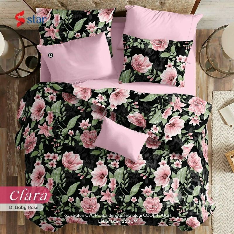 Bedcover + sprei anti geser katun star motif CLARA pink