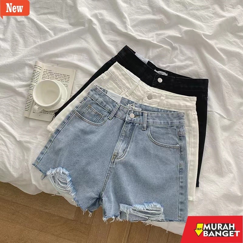 Celana pendek denim wanita- Hotpants celana jeans pendek wanita ootd korean style celana jeans sobek