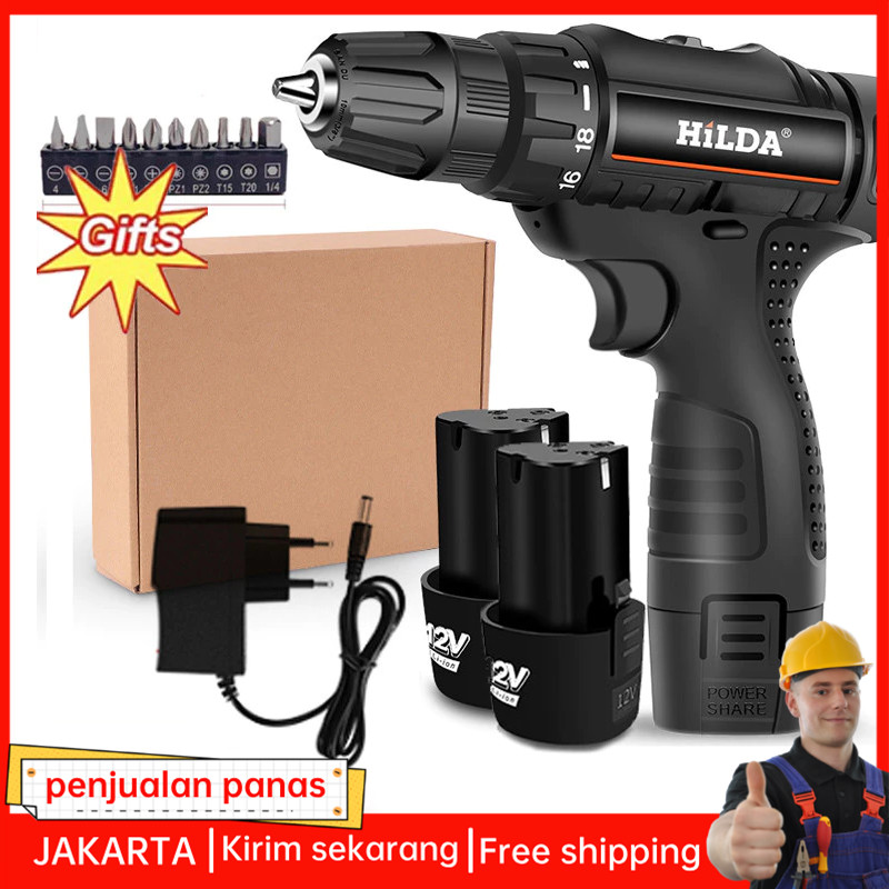 12V HILDA Mesin Bor Baterai Tangan Cordless Dasar hitam sepuluh lubang/12V Bor Baterai / Bor dampak 