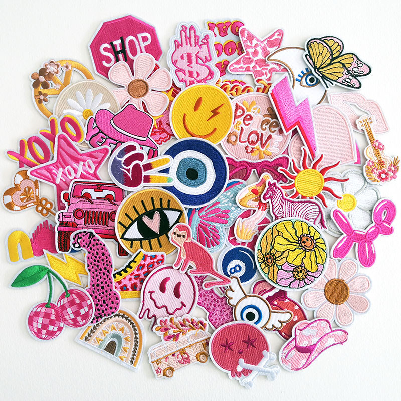 

50pcs/lot New Style Red Pink Patches Iron on For Cloth Stripes Embroidery Fashion Stickers Appliques DIY Girls Sewing Supplies