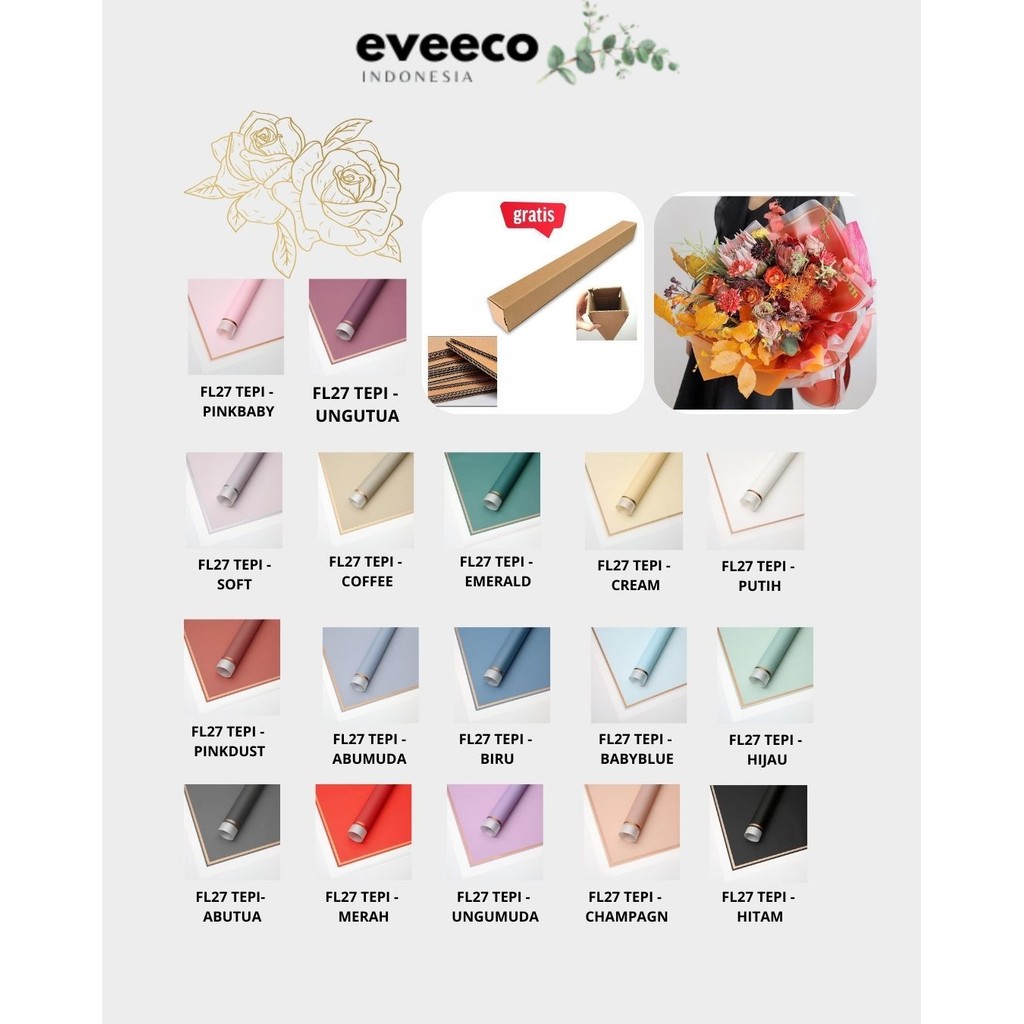 

EVEEco - (5 LEMBAR) - FL27 TEPI Kertas Bunga Paper Buket Motif Lis Gold Pinggir Transparant Florist Cellophane Wrapping