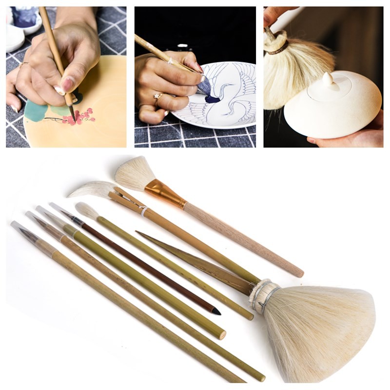 

Pottery art painting tools 8 brushes for strokes, sweeping dust, moisturizing and complementary color ceramic coloring pens