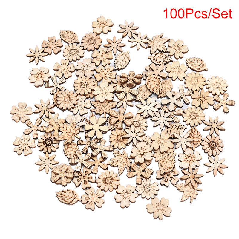 

100pcs Creative Flower Leaves Cutouts Slice Mix Wooden Pieces For DIY Art Decoration Home Party Doodle Scrapbooking