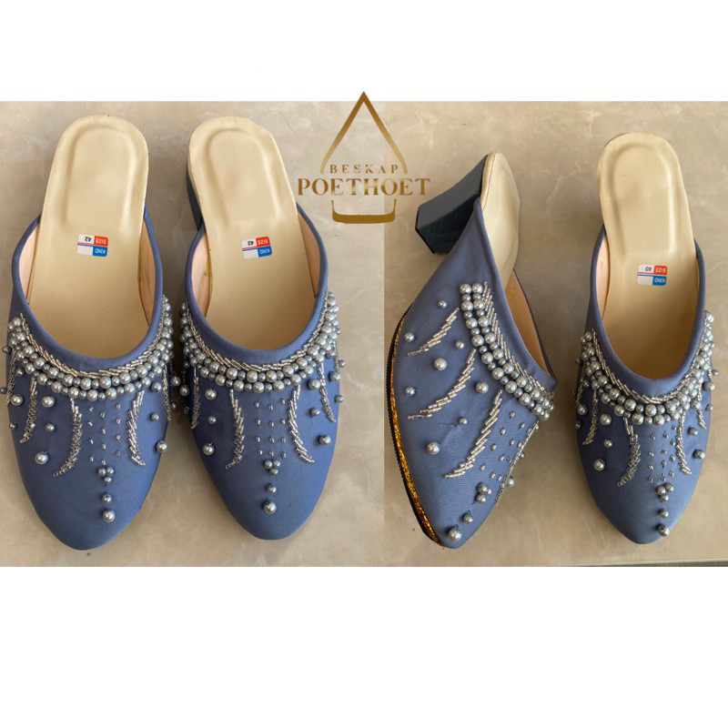 AQ78JH selop sendal sepatu pengantin pria dan wanita jawa payet biru denim blue premium hak sedang c