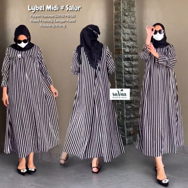 Gamis Dress Lebaran Murah Premium Kekinian / LYBEL MIDI SALUR by SAVNA | GAMIS KATUN SALUR GARIS TER