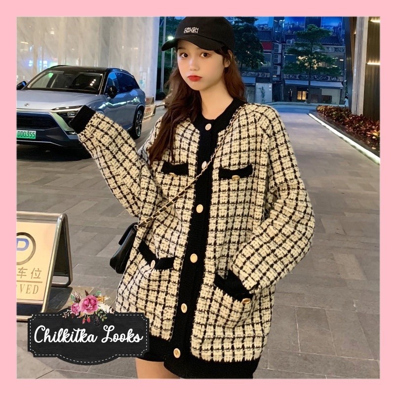 CHILKITKA LOOKS BANGKOK FASHION WT008 Outer kardigan tweed wanita lengan panjang kotak-kotak hitam p