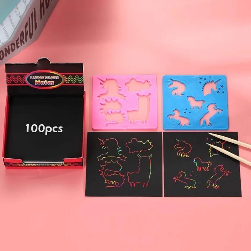 

100pcs Kertas Gambar Scratch / Magic Rainbow Scratch / Scratch & Draw Murah /mainan Black Cardboard