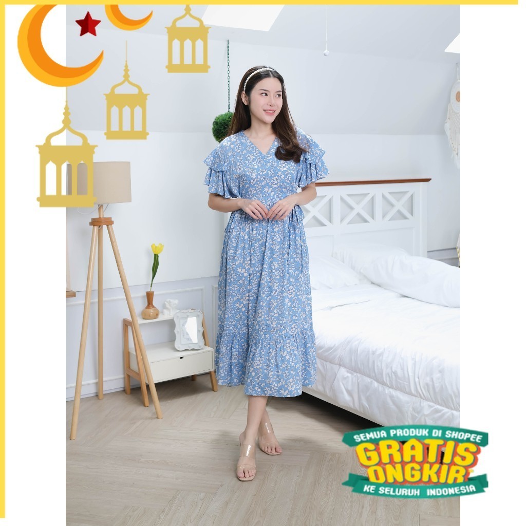 Ladybydiana DEWI FLOWER DRESS Maxi Wanita Ala Korea Bahan Rayon Premium/nude yellow kuning mustard