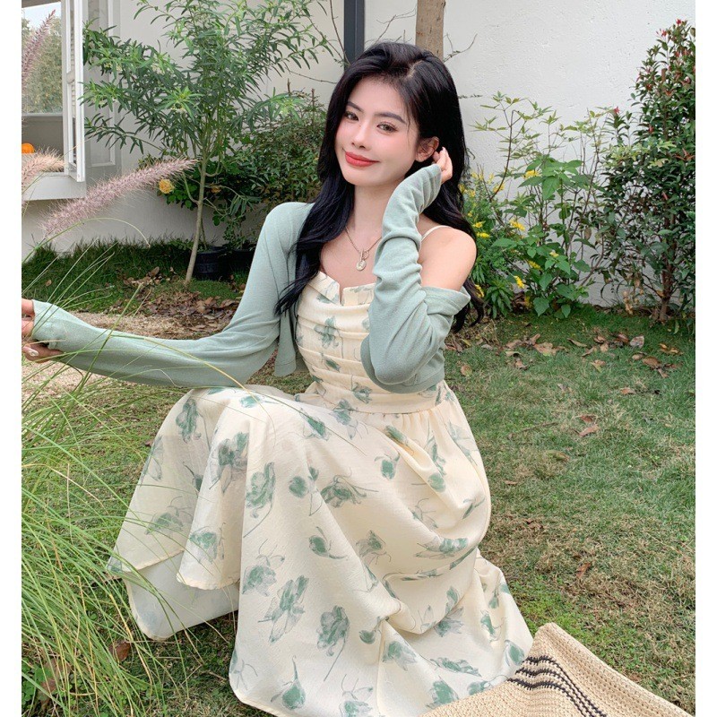 Midi Dress Motif Floral dan Cardigan Hijau - Busana Casual Kasual / Korean Style Pakaian Korea Woman