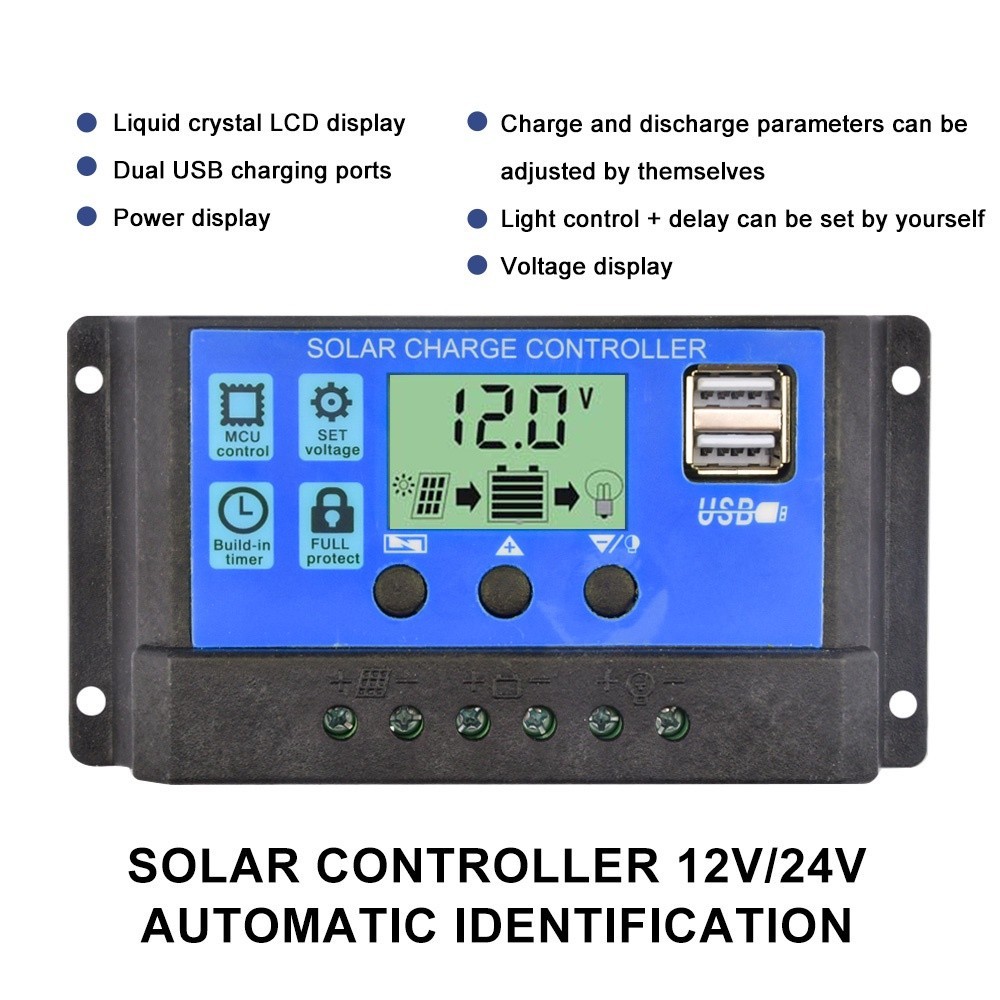 12V/24V 30A Solar Panel Battery Charge Regulator LCD Display Solar Panel Controller with Dual USB Output Complete 3-phase PWM Charge Management