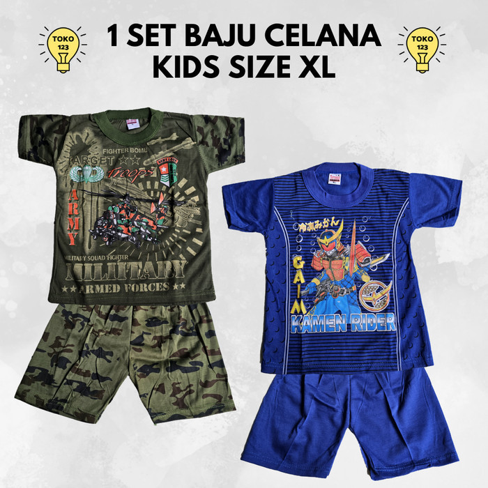 Pakaian Setelan 1 Set Kaos Baju Celana Anak Laki Laki Cowo Lengan Pendek XL Hijau Army Tentara Biru 