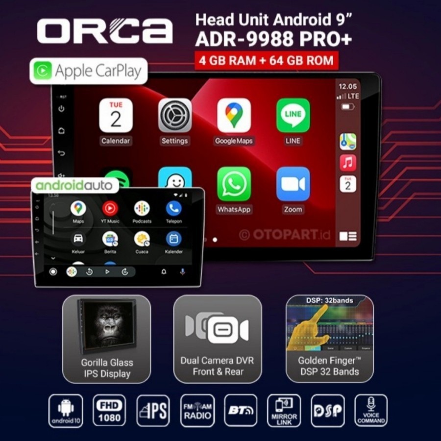 Head Unit Android 9 inch Orca Pro Plus+ DVR Mobil Universal Dual Camera Auto CarPlay