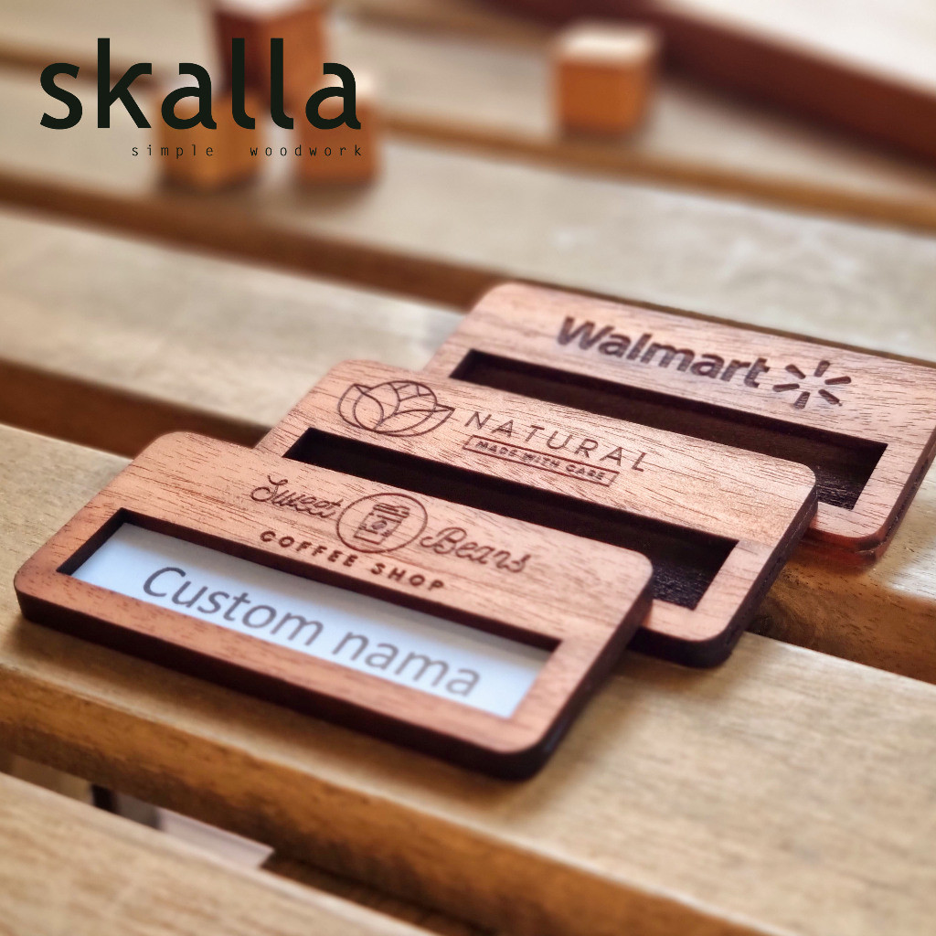 

Bordir name tag reusable kayu badge papan nama dada wooden nametag custom dapat diganti