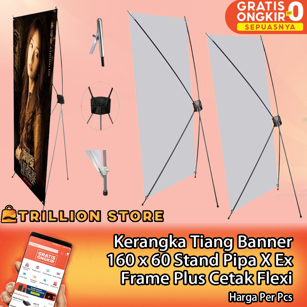 Rangka Tiang Standing Baner Stand Banner Pipa X Ex 160 x 60 Besi Metal Fiber Hitam Itam Display Fram