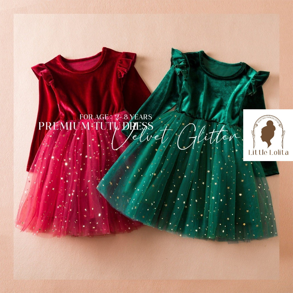 2-8th DRESS TUTU VELVET GLITTER -  IMPORT KOREA Baju Baby Anak Gaun Tile Pesta Balita Ulang Tahun