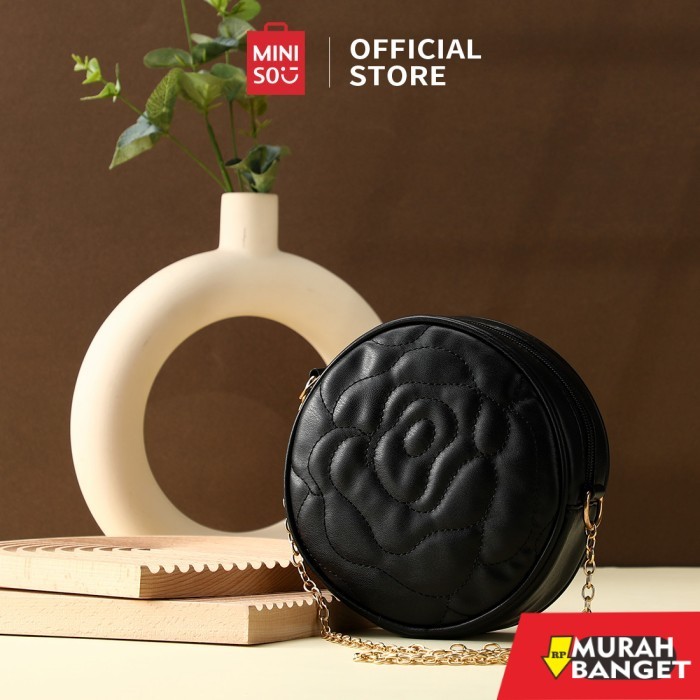 tas selempang wanita simple elegan MINISO Tas Selempang Tas Wanita Hitam Rantai Mode Crossbody Bulat