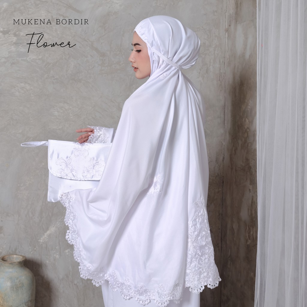 Mukena Dewasa Putih Polos Renda Bordir Katun Mikro