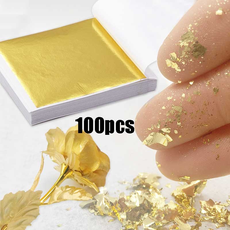 100pcs Gold Leaf / Kertas Gold Foil Leaf Gilding Gold / Flakes Foil Kertas Foil Emas
