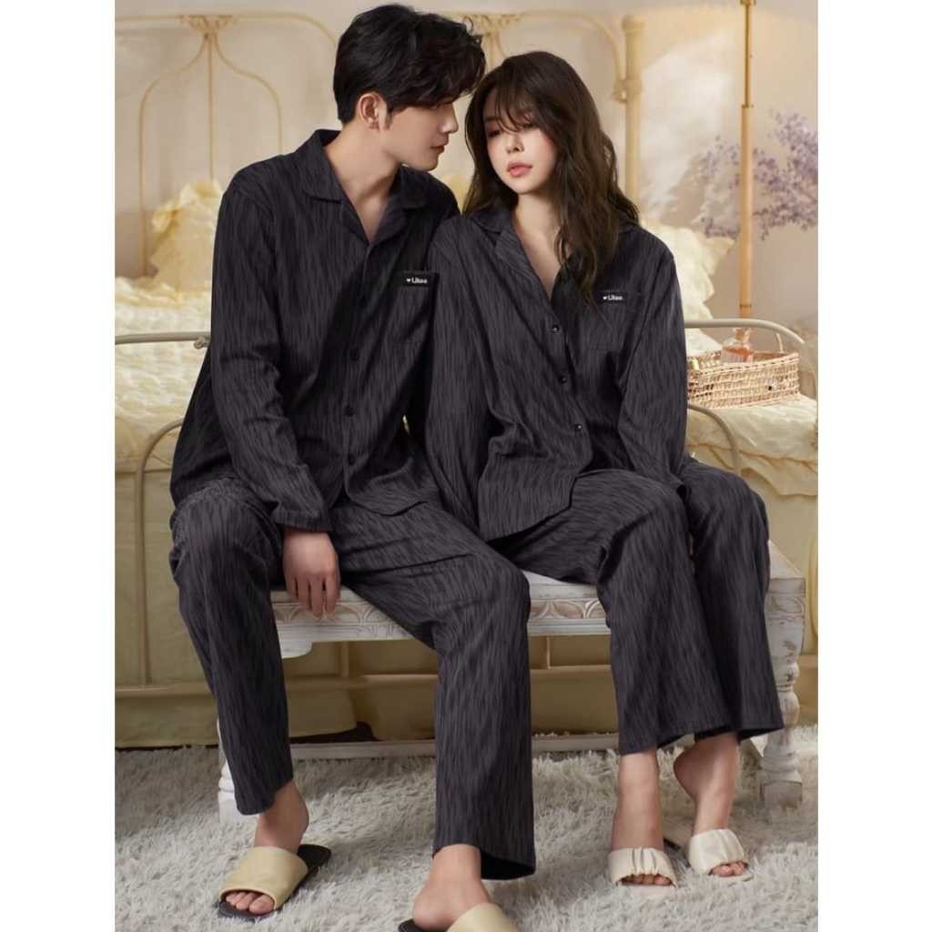 Baju tidur piyama PP couple lengan panjang celana panjang model kra kancing SETELAN SET PIYAMA BAJU 
