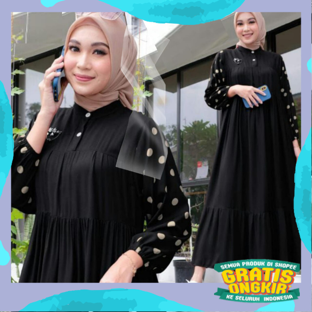 Dasima Gamis Polos Kombinasi Polkadot Midi dress Muslim terbaru 2024 Rayon Premium Tebal Halus/pink 
