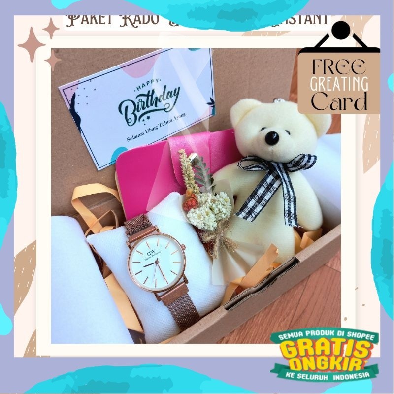

(HEMAT MANIS) PAKET HAMPERS ULANG TAHUN CEWEK GIFT BOX WISUDA MINI jam tangan rantai pasir hitam parfum original eau de parfume buket bunga mini free kartu ucapan/ kuning coklat abu ungu sage