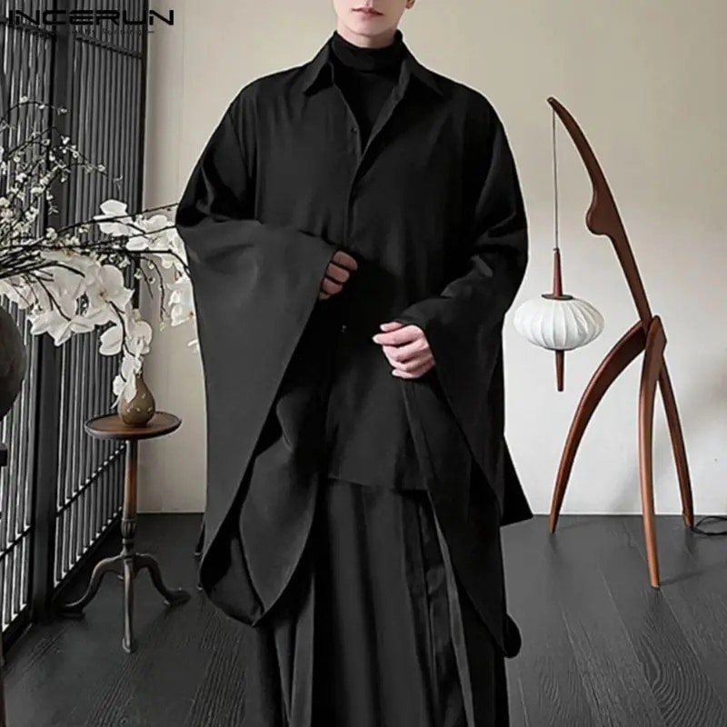 2023 Men Shirt Solid Color Lapel Flare Long Sleeve Button Vintage Casual Men Clothing Loose Streetwe