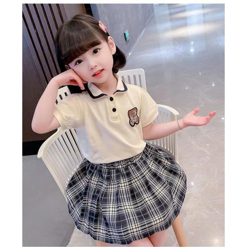 Setelan Anak Perempuan Polo Rok Kotak Mini - Kotak, 90cm