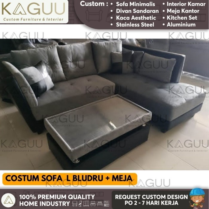 Sofa L Bludru + Meja / Custom Sofa Ruang Tamu Busa Naga Merah PLG - Meja Tamu Aja