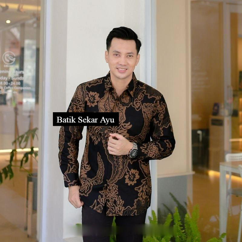 ARJUNA Baju Batik Slimfit Pria Modern Premium Lengan Panjang Terbaru - Baju Hem Batik Pria Hitam Tan