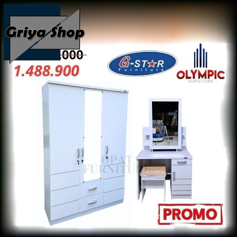 PROMO Set Lemari Pakaian 3 Pintu dan Meja Rias Kaca Sliding - Lemari dan Meja Rias Murah - Satu set