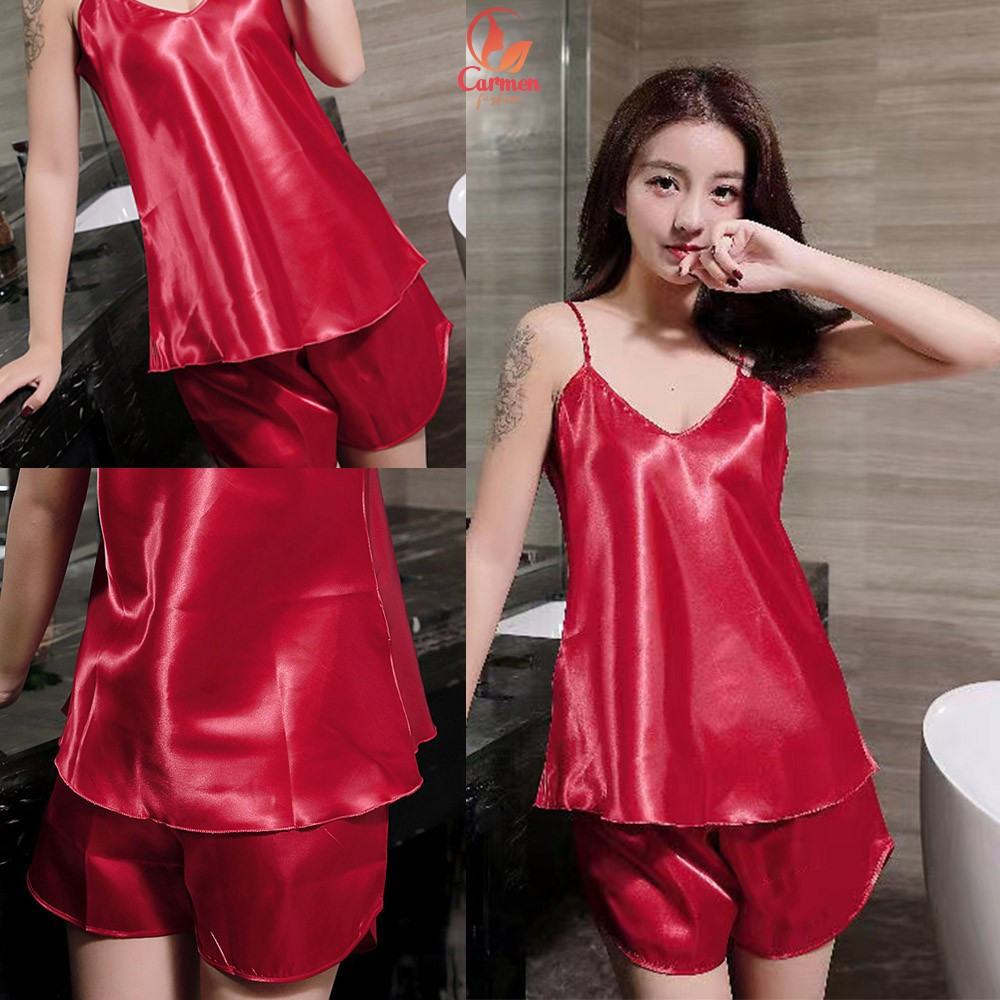 Piyama Tanktop Set Wanita Bahan Satin Polos Motif Bunga / Setelan Baju Tidur Yukensi Celana Pendek W